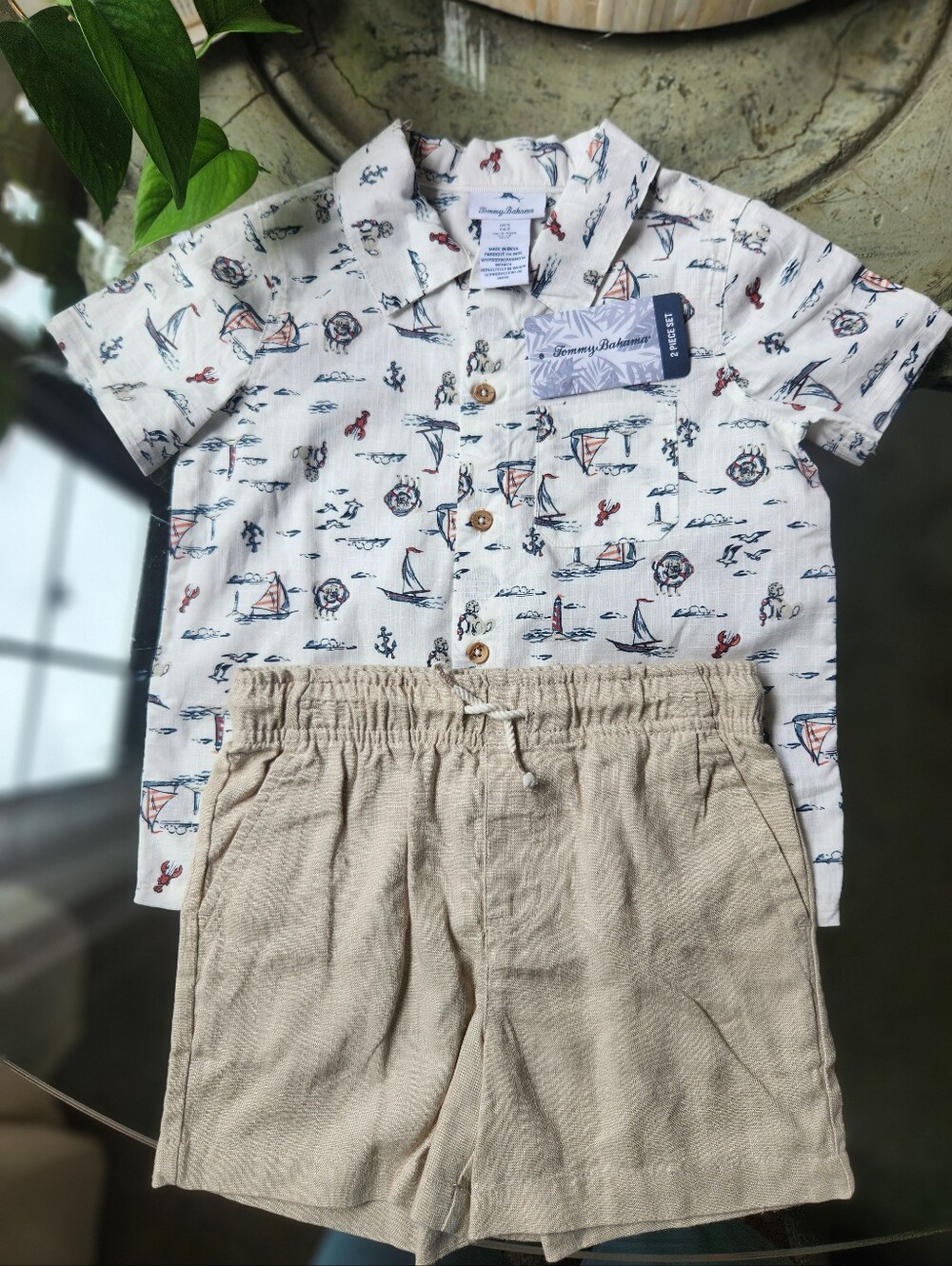 Tommy Bahama Boys Size 5 Nautical Sailboat Button Down Shirt Linen Shorts Set 2p